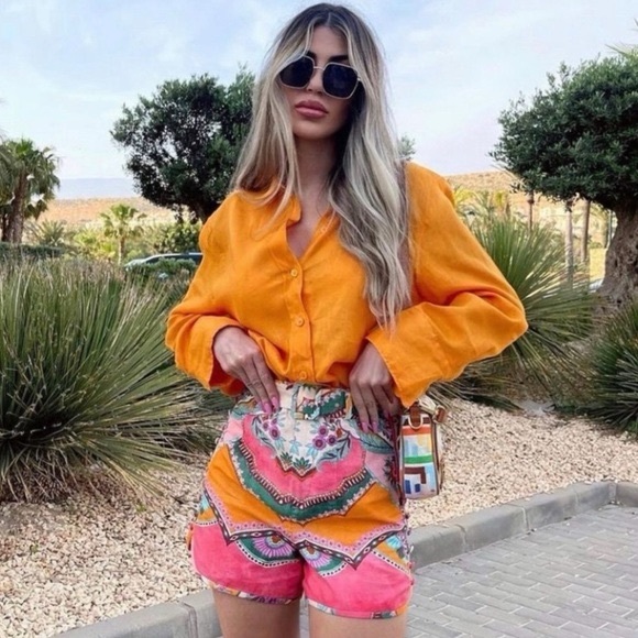 Zara Pants - Zara NWT High Waist Floral Patterned Shorts Belted Linen Blend large